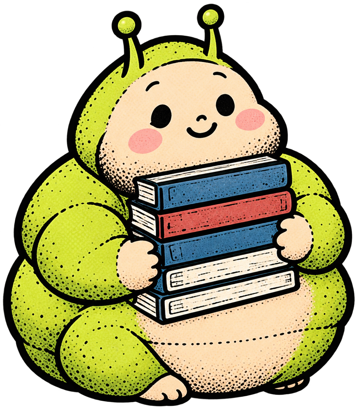 Wurmpie houdt een stapel boeken vast